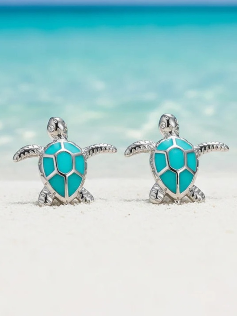 Turquoise Sea Shell & Turtle Mixed Stud Earring Set - Gold and Silver - Picture 6 of 10